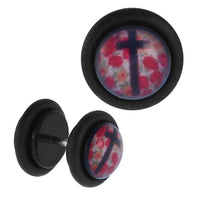 Load image into Gallery viewer, Fake Piercing Plug Tunnel schwarzes Kreuz rote Blumen Gummiring 7 mm - chic-net.de
