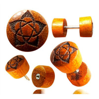 Load image into Gallery viewer, Fake Plug Blutholz Symbol Piercing Edelstahl Holz rot braun Om Blume des Lebens - chic-net.de
