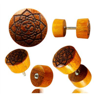 Load image into Gallery viewer, Fake Plug Blutholz Symbol Piercing Edelstahl Holz rot braun Om Blume des Lebens - chic-net.de
