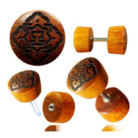 Load image into Gallery viewer, Fake Plug Blutholz Symbol Piercing Edelstahl Holz rot braun Om Blume des Lebens - chic-net.de
