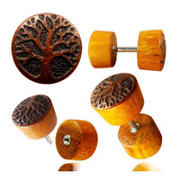 Load image into Gallery viewer, Fake Plug Blutholz Symbol Piercing Edelstahl Holz rot braun Om Blume des Lebens - chic-net.de
