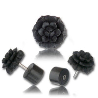 Load image into Gallery viewer, Fake Plug Piercing Arang Holz schwarz Blume vierreihig geschnitzt Edelstahl Ohrstecker 1 mm - chic-net.de
