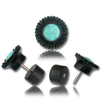 Load image into Gallery viewer, Fake Plug Piercing Arang Holz schwarz Türkis Inlay Blume - chic-net.de
