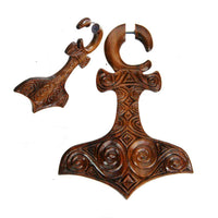 Load image into Gallery viewer, Fake Spirale Piercing Thors Hammer Tribal Muster dunkelbraunes Holz - chic-net.de
