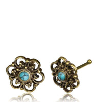 Cargar imagen en el visor de la galería, Gerader Nasenstecker (oder Tragus) Türkis golden Blümchen Brass 8 mm lang - chic-net.de
