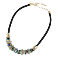 Load image into Gallery viewer, Glitzer Messing Kette golden schwarz türkis Perlenringe Leder 41,5-49,5cm Karabiner - chic-net.de
