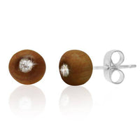 Load image into Gallery viewer, Holz Glitzer Ohrstecker braun Glaskristall weiß rund 3 mm 925er Sterling Silber - chic-net.de

