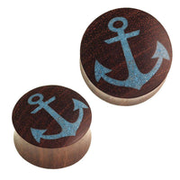 Load image into Gallery viewer, Holz Plug Anker crushed Türkis Stein Inlay blau Sonoholz dunkelbraun - chic-net.de

