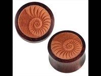 Cargar imagen en el visor de la galería, Holz Plug braun dunkel Fossilien Optik Schnecken Muschel Inlay Tunnel Expander - chic-net.de
