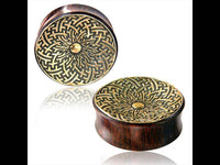 Cargar imagen en el visor de la galería, Holz Plug dunkelbraun Brass Inlay Labyrinth Blume antik golden Tribal Expander Tunnel Sayagata - chic-net.de
