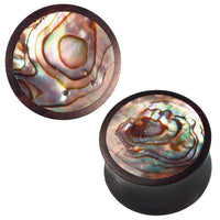 Cargar imagen en el visor de la galería, Holz Plug dunkelbraun gemasert rund Inlay schillernde Muscheloptik Tunnel Tribal Expander - chic-net.de
