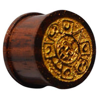 Load image into Gallery viewer, Holz Plug dunkelbraun Maya Maske gold Lasergravur - chic-net.de
