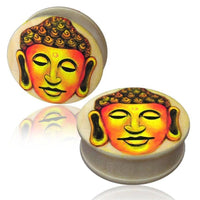 Load image into Gallery viewer, Holz Plug hell Buddha Kopf handbemalt orange gelb Tunnel Organic Ohrschmuck Ohrstecker Ohrringe - chic-net.de
