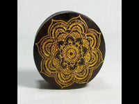 Load image into Gallery viewer, Holz Plug Mandala Blume Sonoholz dunkelbraun golden Gravur.
