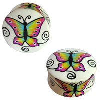 Load image into Gallery viewer, Holz Plug Schmetterling bunt weiß Tunnel Ohrschmuck Teakholz Ohrstecker Ohrringe Expander - chic-net.de
