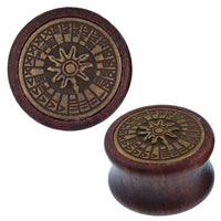 Load image into Gallery viewer, Holz Plug Sonnenuhr oxidiert Brass Inlay rund antik golden Tribal Tunnel Expander - chic-net.de
