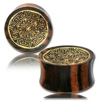 Load image into Gallery viewer, Holz Plug Tamarindenholz Labyrinth Blume Brass Inlay antik gold Tribal Tunnel Organic Expander - chic-net.de
