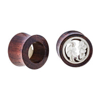 Load image into Gallery viewer, Holz Plug Tamarindenholz Tunnel Blumen Bone Inlay weiß Tribal Expander Ohrplug - chic-net.de
