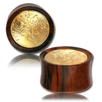 Cargar imagen en el visor de la galería, Holz Plug two tone Arang Wood Brass Inlay rund antik golden Tribal Tunnel Organic Expander - chic-net.de
