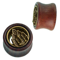 Load image into Gallery viewer, Holz Tunnel Ganesha vor Lotusblüte Brass Inlay antik golden Tribal Plug Expander - chic-net.de
