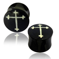 Cargar imagen en el visor de la galería, Horn Plug Kreuz gothic Bone Inlay schwarz weiß Flesh Tunnel Organic Expander Tribal Piercing - chic-net.de
