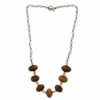 Load image into Gallery viewer, Kette Holzperlen Scheiben Perlen Messingperlen Wachsfaden braun weiß 44 cm - chic-net.de
