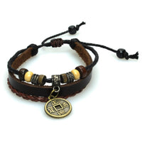 Cargar imagen en el visor de la galería, Lederarmband Münze asiatisch Surfer Band geflochten Seil Holz Brass Perlen verstellbar Leder - chic-net.de
