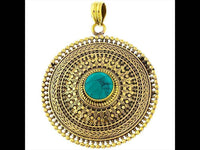 Load image into Gallery viewer, Messing Anhänger Türkis Kreise Zopf 63 mm facettiert antik golden Kette nickelfrei Schmuck Tribal - chic-net.de
