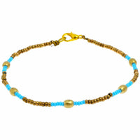 Cargar imagen en el visor de la galería, Messing Armband Zylinder gewölbt hellblau golden nickelfrei Perlen antik Tribal 23,5 cm Karabiner - chic-net.de
