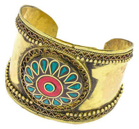 Load image into Gallery viewer, Messing Armreif gold Raute Wellen grün Malachit rot Jaspis Stein breit nickelfrei verstellbar antik - chic-net.de
