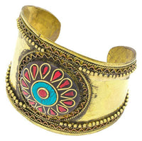 Load image into Gallery viewer, Messing Armreif gold Raute Wellen türkis rot Jaspis Stein breit nickelfrei verstellbar antik - chic-net.de
