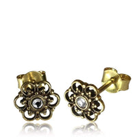 Load image into Gallery viewer, Messing Blume Ohrstecker antik golden Stein Inlay Punkte Bögen - chic-net.de
