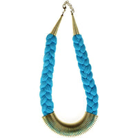 Load image into Gallery viewer, Messing Kette gold hellblau Zopf Feder nickelfrei 45-49 cm Baumwolle Karabiner antik Tribal Brass - chic-net.de
