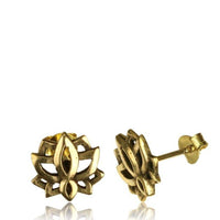Load image into Gallery viewer, Messing Ohrstecker antik gold Lotus Zahnrad Khamsa Blume Türkis - chic-net.de
