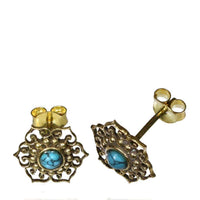 Cargar imagen en el visor de la galería, Messing Ohrstecker antik golden Türkis Inlay Blume Punkte Kreis Schnörkel - chic-net.de
