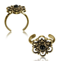 Cargar imagen en el visor de la galería, Messing Zehenring Onyx Blume golden antik verstellbar nickelfrei - chic-net.de
