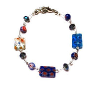 Load image into Gallery viewer, Muranoglas Armband Glasperlen blau bunt Blumen Rechteck Glitzer 18-20 cm Karabiner nickelfrei - chic-net.de
