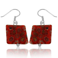 Load image into Gallery viewer, Muranoglas Glas Ohrringe 14 mm Quadrat rot bunt Muster Blumen 925er Silber - chic-net.de
