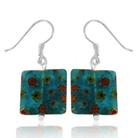 Load image into Gallery viewer, Muranoglas Glas Ohrringe 14 mm Quadrat türkis bunt Muster Blumen 925er Silber - chic-net.de
