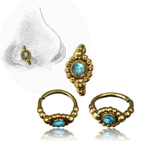 Load image into Gallery viewer, Nostril Piercing Nasenringe Brass antik golden Kugelblume Türkis 1 cm/0,8 mm - chic-net.de
