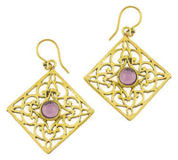 Load image into Gallery viewer, Ohrringe Amethyst Karo Ornamente glänzend Messing antik golden Tribal 40 mm - chic-net.de
