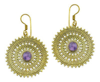 Load image into Gallery viewer, Ohrringe Amethyst Zopf Kreis Punkte Dreiecke Messing Ohrhänger lila nickelfrei antik golden Tribal - chic-net.de
