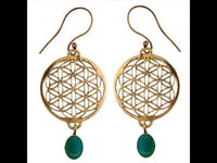 Load image into Gallery viewer, Ohrringe Blume des Lebens rund grüner Onyx Stein Messing antik golden nickelfrei Tribal Brass - chic-net.de
