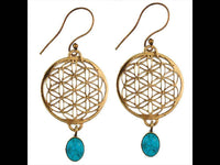 Load image into Gallery viewer, Ohrringe Blume des Lebens rund Türkis Stein Messing antik golden nickelfrei Tribal Brass - chic-net.de
