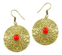 Cargar imagen en el visor de la galería, Ohrringe Jaspis Stein Herz Kreis Dreiecke Messing Ohrhänger rot nickelfrei antik golden Tribal Brass - chic-net.de
