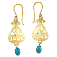 Load image into Gallery viewer, Ohrringe Knospe Muster Türkis oval glänzend Messing antik golden Tribal Ohrhänger nickelfrei Vintage - chic-net.de
