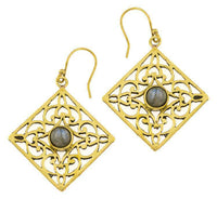 Load image into Gallery viewer, Ohrringe Labradorit Karo Ornamente glänzend Messing antik golden Tribal 40 mm - chic-net.de
