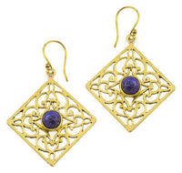 Load image into Gallery viewer, Ohrringe Lapis Karo Ornamente glänzend Messing antik golden Tribal 40 mm - chic-net.de
