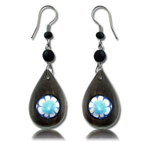 Load image into Gallery viewer, Ohrringe Narra Holz Murmel blau bunt Tropfen dick Edelstahl Perlen Ohrhänger Tribal - chic-net.de
