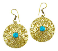 Cargar imagen en el visor de la galería, Ohrringe Türkis Herz Kreis Dreiecke Messing Ohrhänger golden nickelfrei antik Damenohrring Tribal - chic-net.de
